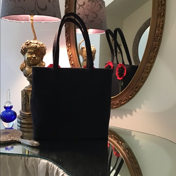LULU Guinness Black Wool Red Poppies Handbag - Picture 2 of 7